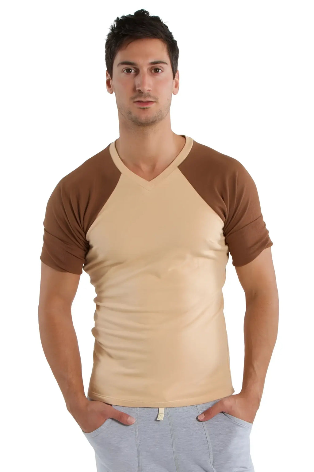 Beige and brown raglan sleeve v-neck t-shirt in sand with chocolate colors perfect for casual wear