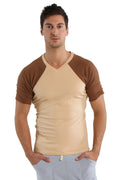 Beige and brown raglan sleeve v-neck t-shirt in sand with chocolate colors perfect for casual wear