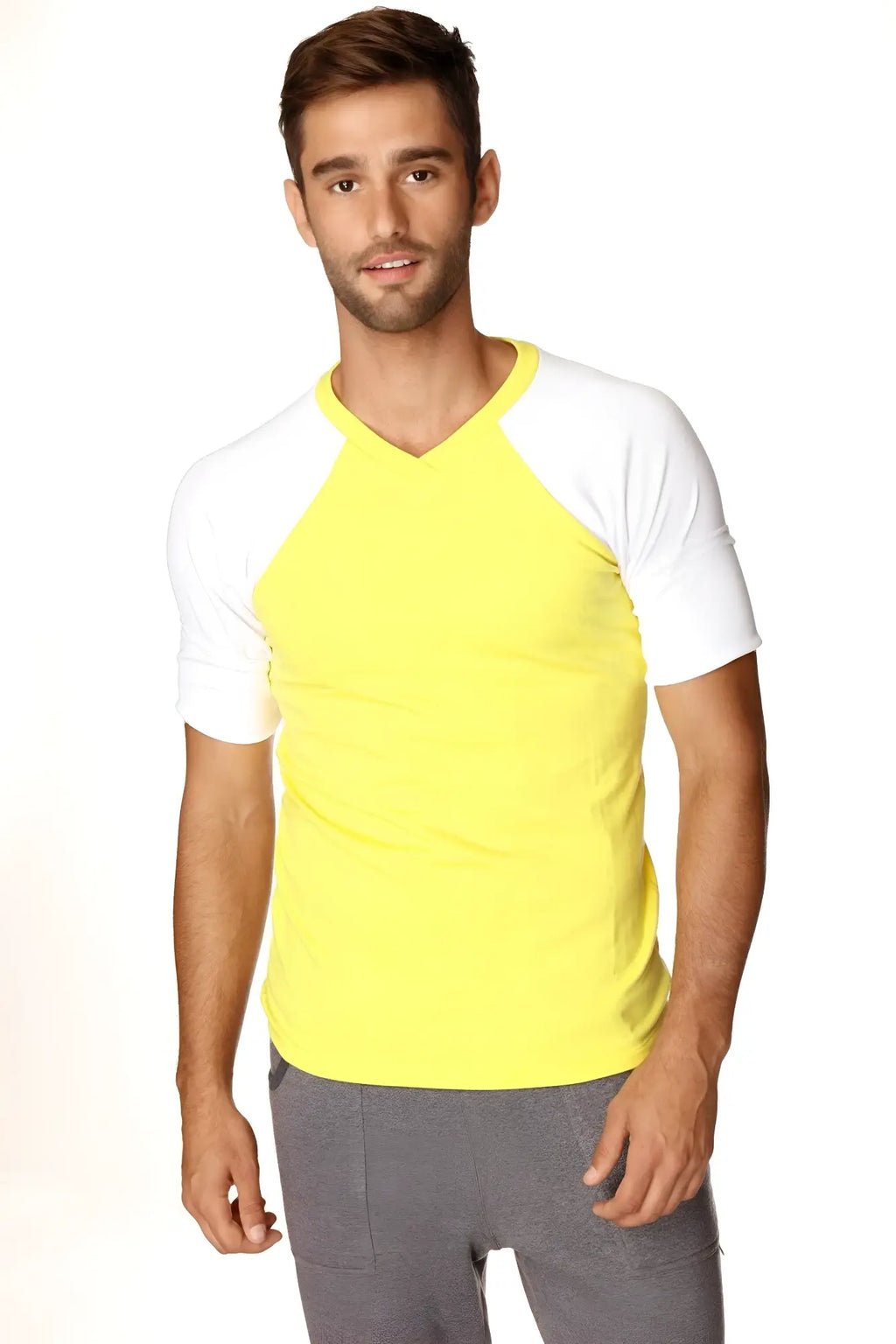 Bright yellow and white raglan sleeve v-neck t-shirt made of soft breathable fabric for casual wear