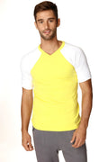 Bright yellow and white raglan sleeve v-neck t-shirt made of soft breathable fabric for casual wear
