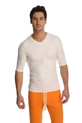 A man wearing a white raglan virtual crew neck shirt with three quarter sleeves and v neck style
