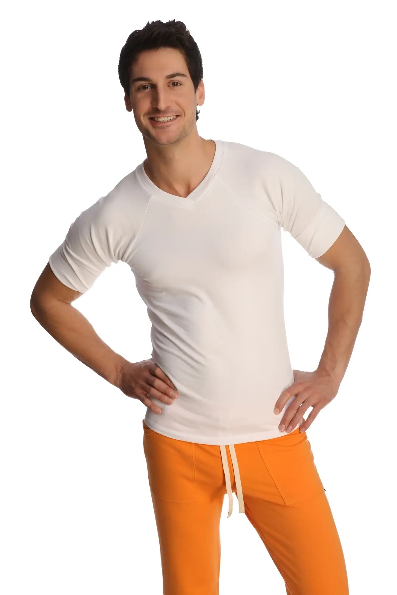 White short-sleeved v-neck raglan virtual crew neck t-shirt made from soft breathable fabric