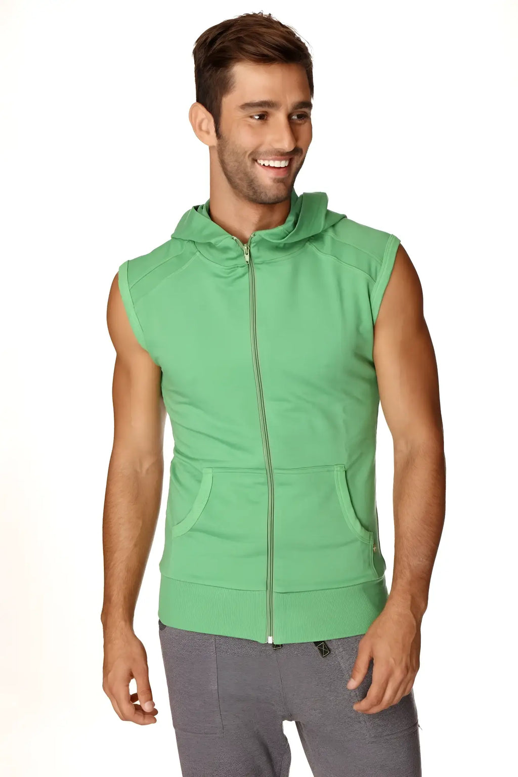 Green sleeveless yoga hoodie in bamboo green with zip-up front pockets and hood for activewear and casual use