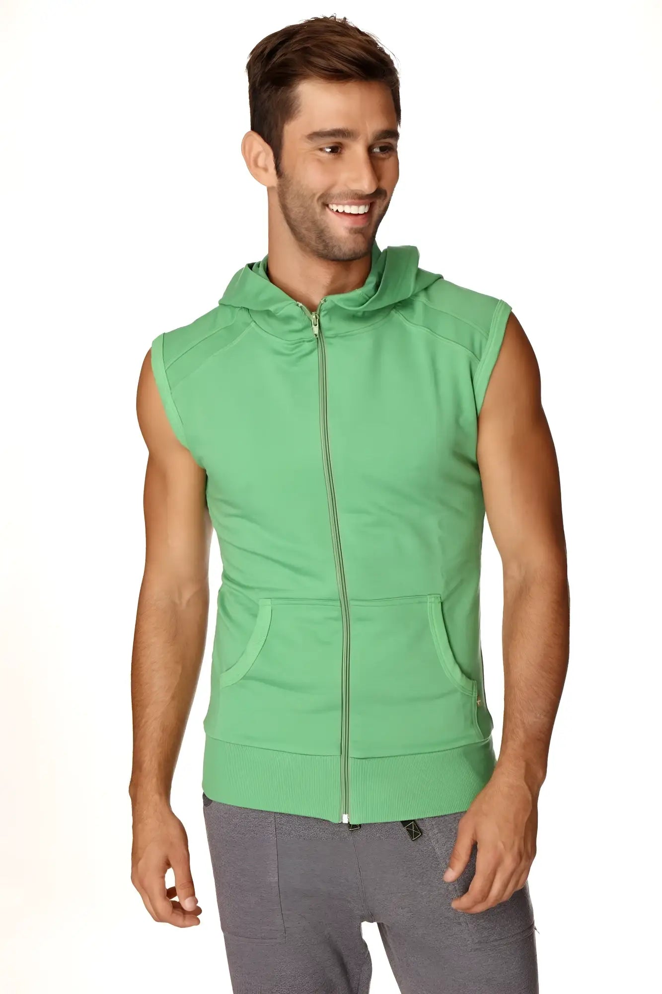 Green sleeveless yoga hoodie in bamboo green with zip-up front pockets and hood for activewear and casual use