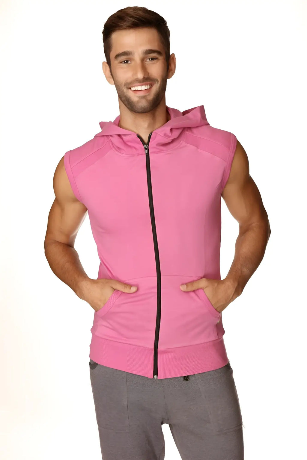 Pink sleeveless zip-up hoodie with a hood and front pockets designed for yoga in berry color