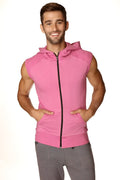 Pink sleeveless zip-up hoodie with a hood and front pockets designed for yoga in berry color
