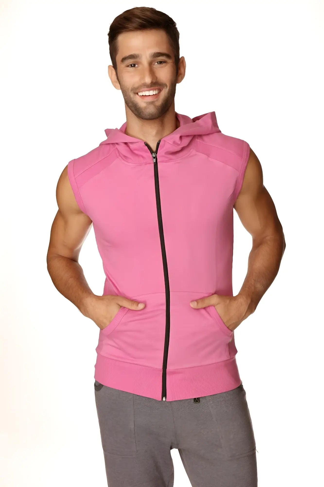 Pink sleeveless zip-up hoodie with a hood and front pockets designed for yoga in berry color