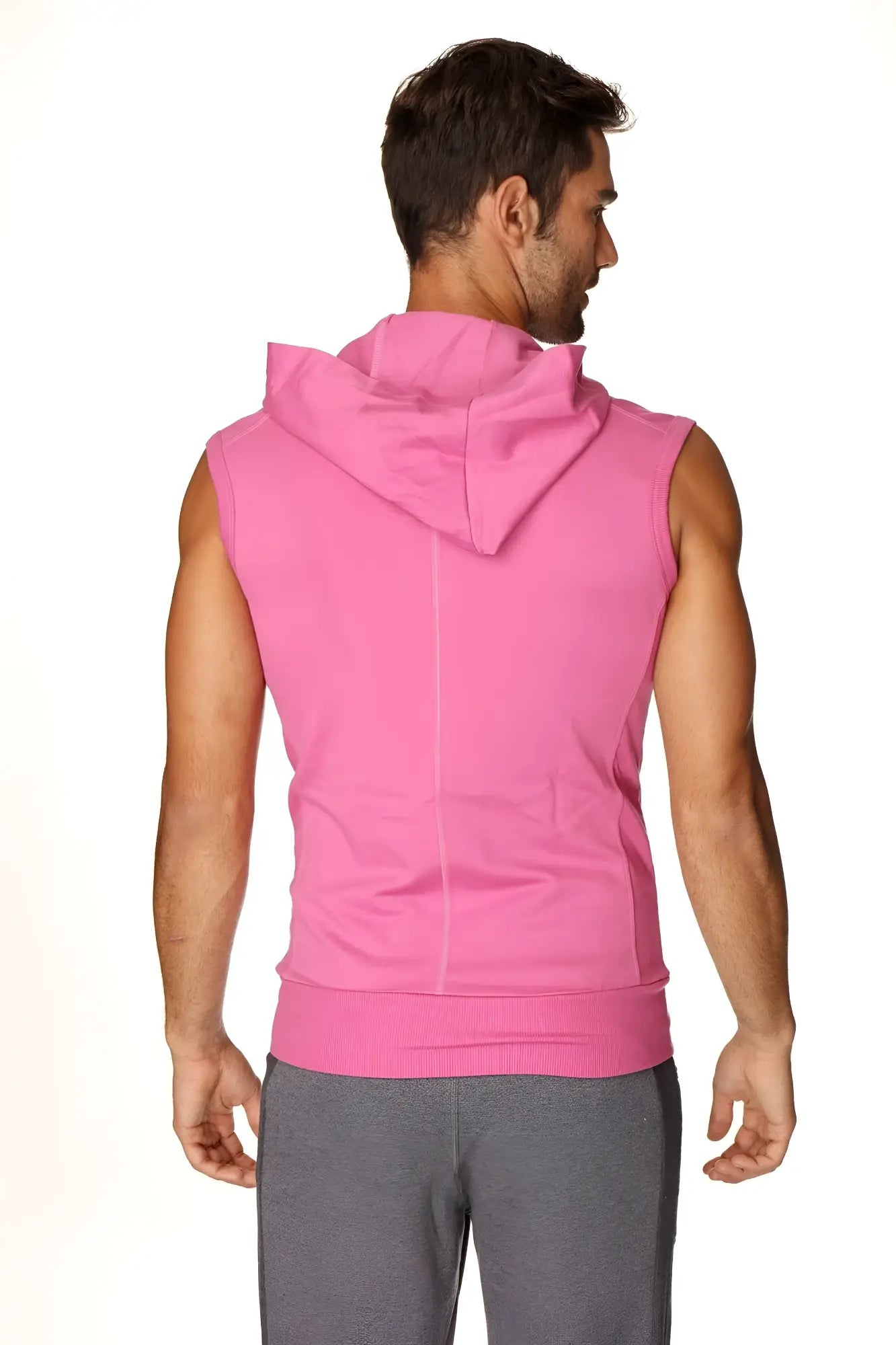 A vibrant pink sleeveless yoga hoodie with a hood and ribbed cuffs designed for comfortable activewear