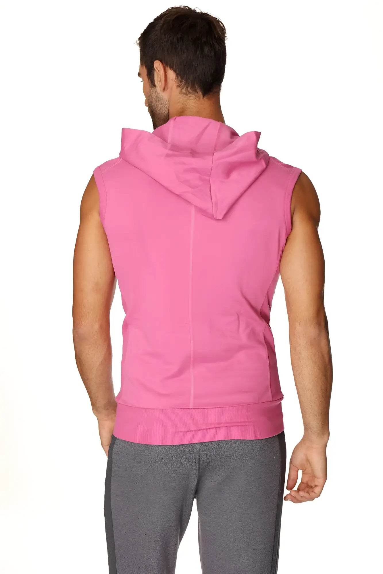 A vibrant berry sleeveless yoga hoodie with hood and ribbed cuffs made from soft fabric