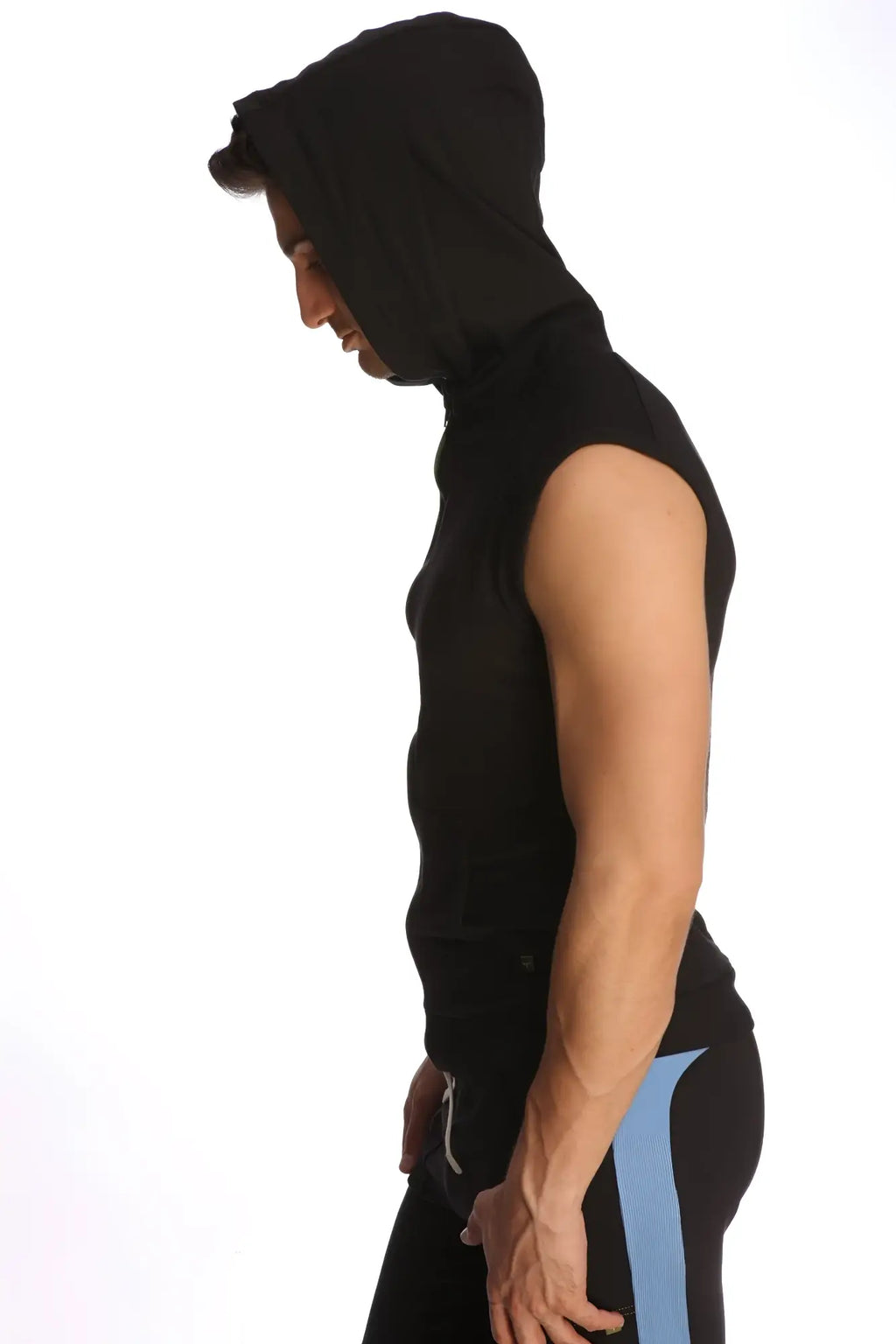 Black sleeveless yoga hoodie with hood and subtle side seam detailing designed for comfortable active wear