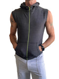 Dark gray sleeveless yoga hoodie with lime green zipper and front pockets designed for comfortable activewear