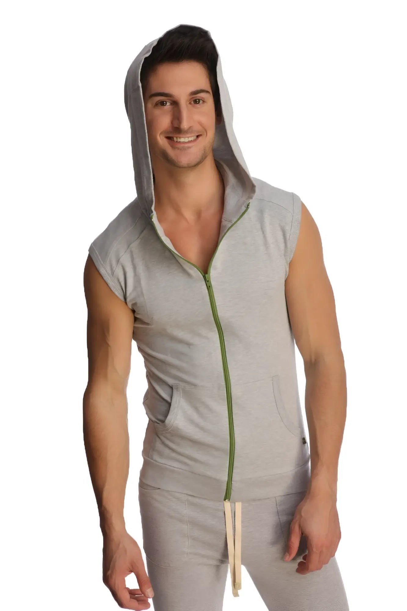 Sleeveless yoga hoodie in heather grey with green zipper and front pockets designed for comfortable workouts
