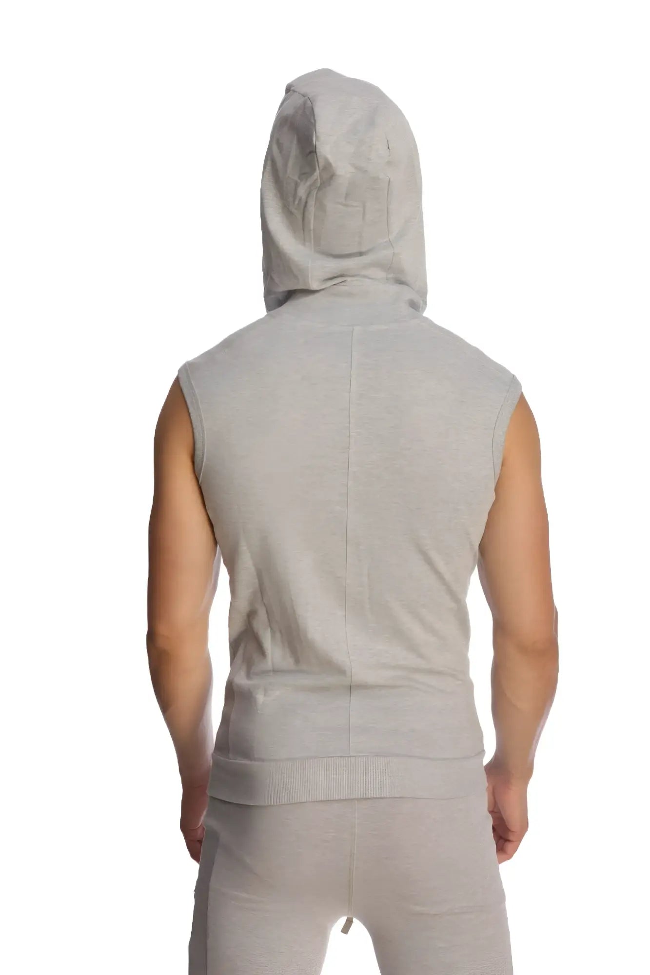 A light gray heather sleeveless yoga hoodie with hood and front seam worn by a person