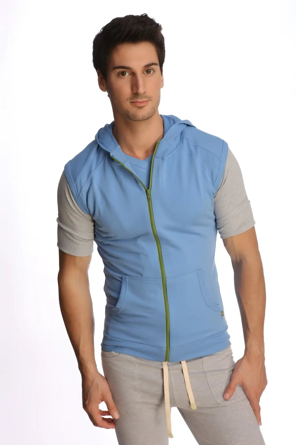 Light blue sleeveless yoga hoodie vest with gray short sleeves and front pockets made for comfortable workouts