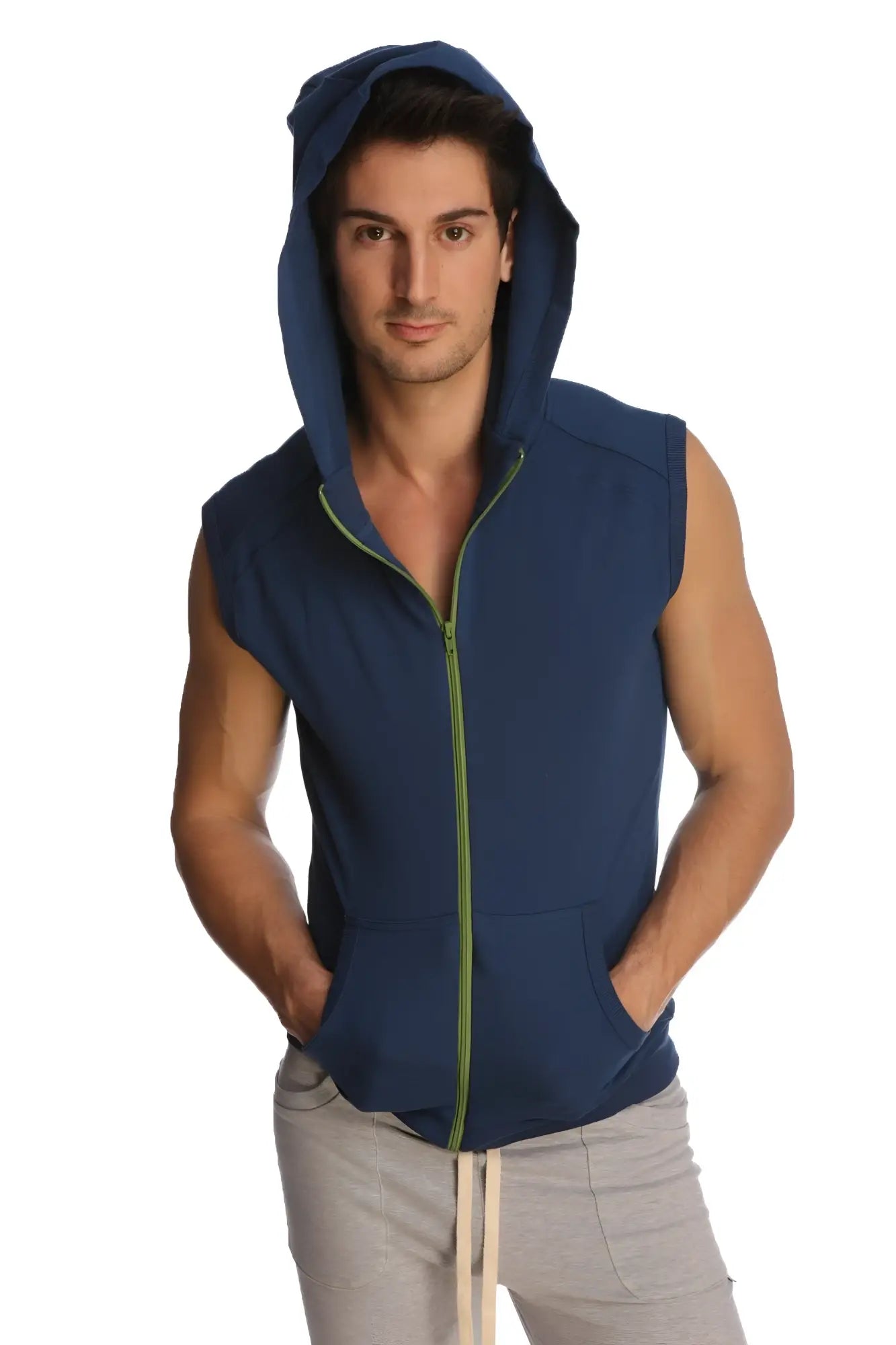 Navy blue sleeveless yoga hoodie with lime green zipper and front pockets designed for comfortable workouts