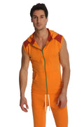 Sleeveless yoga hoodie in sun orange with red shoulder panels and green zipper trim designed for active wear