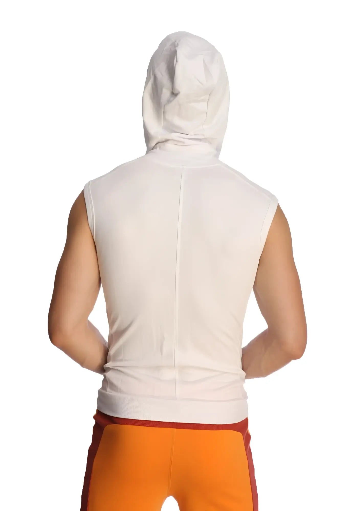 White sleeveless yoga hoodie with hood made of soft fabric designed for comfort and mobility
