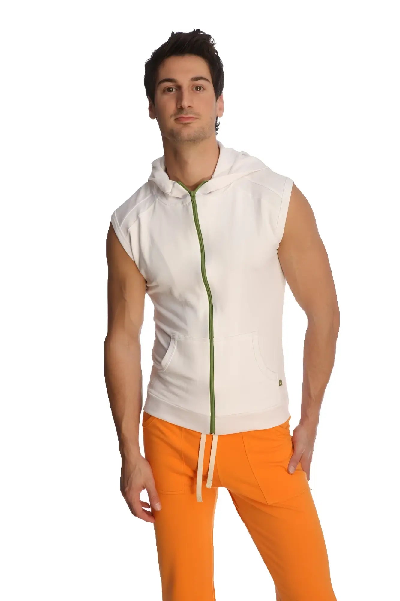 White sleeveless yoga hoodie with green zipper and subtle branding on the lower right side