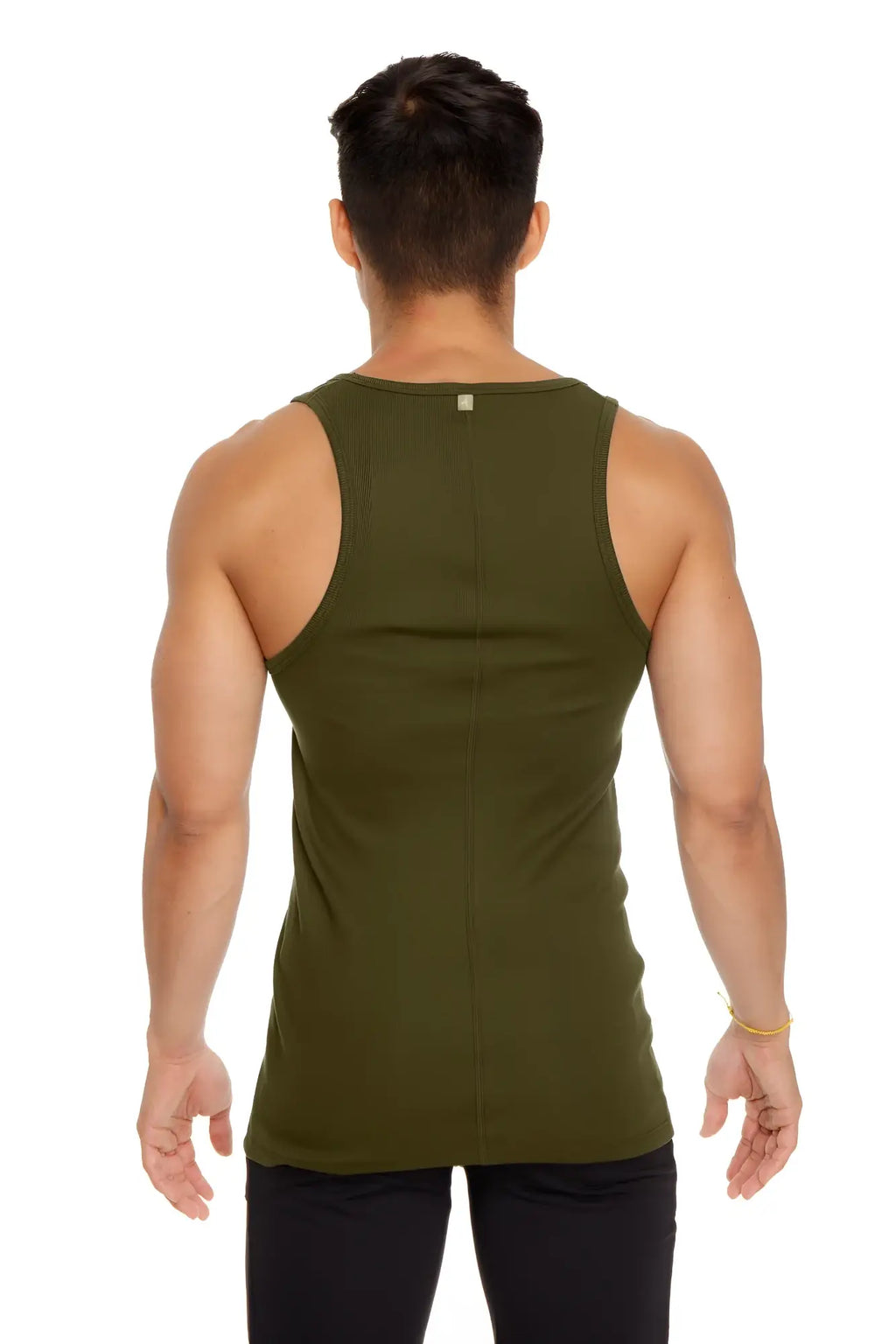 Olive green sleeveless sustain tank top in army green showing straight back with subtle seam detail