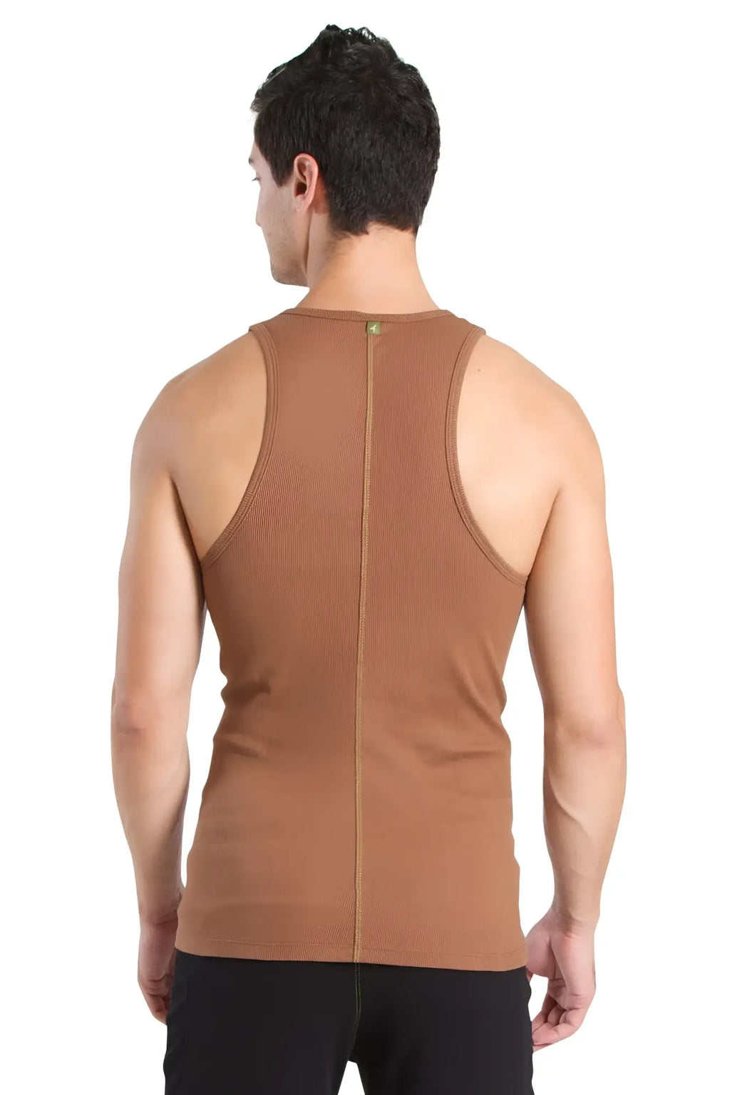 Back view of a tan ribbed cotton sustain tank top with a central zipper down the back in chocolate brown