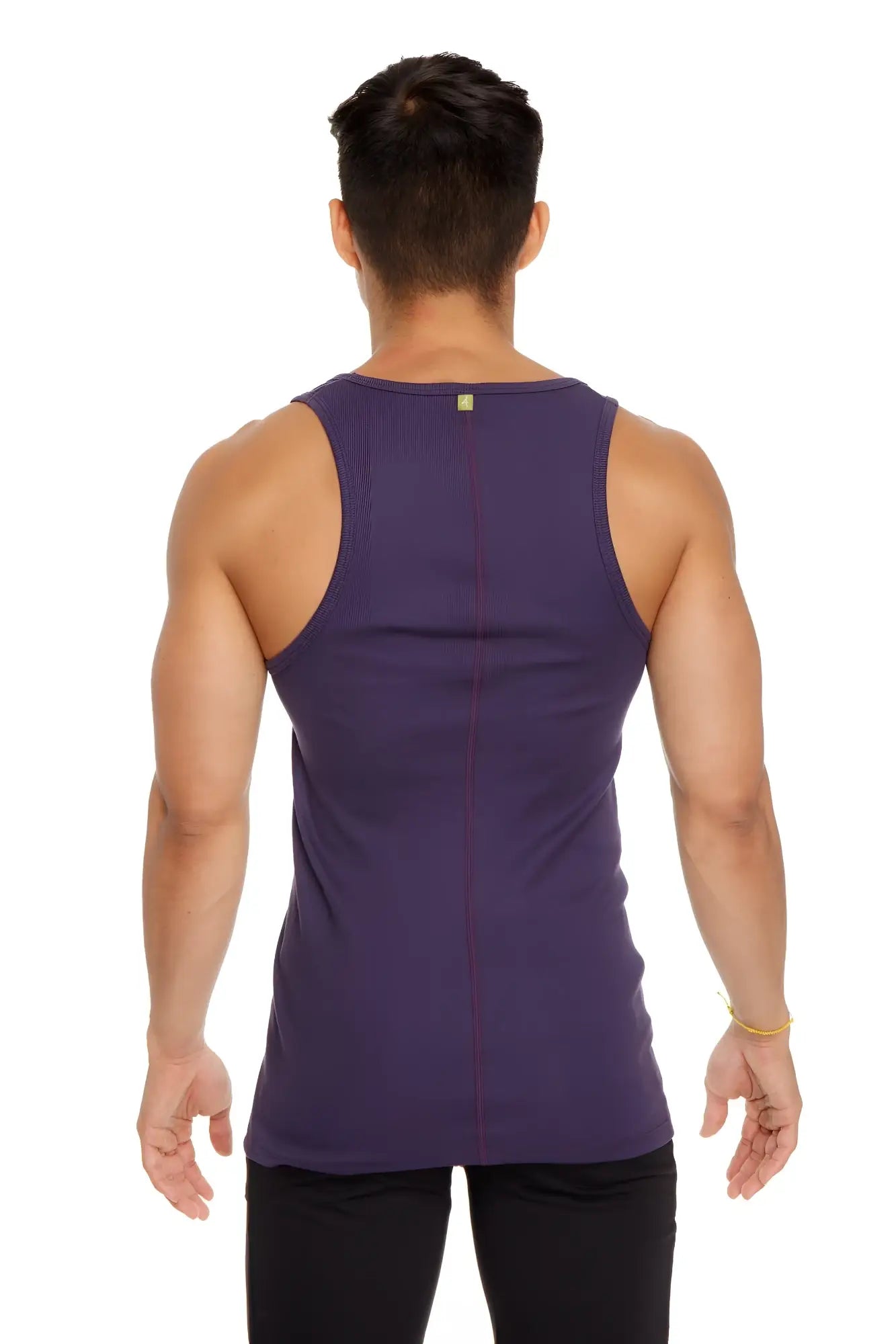 Purple sleeveless sustain tank top with central seam and subtle stitching detail in eggplant purple color