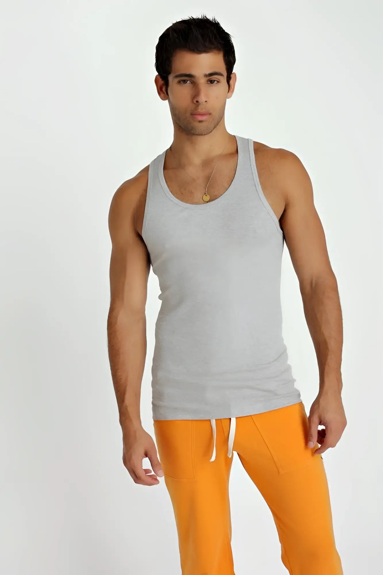 Gray heathered cotton sustain tank top with scoop neckline and ribbed hem for comfortable casual wear