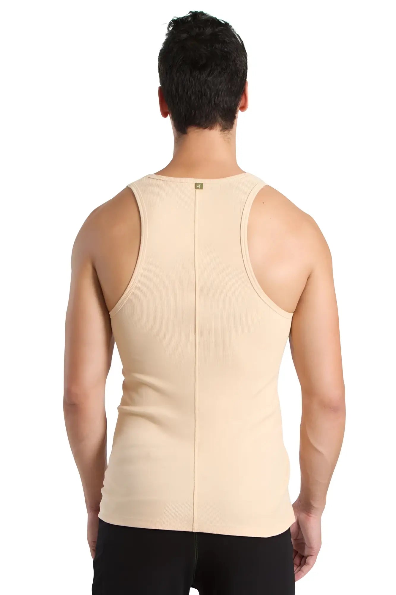 Beige stretchy men’s sustain tank top back view with central seam designed for comfort and active wear