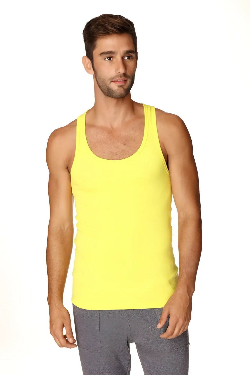 Bright yellow sleeveless Sustain tank top in a fitted design made from sustainable fabric perfect for casual wear