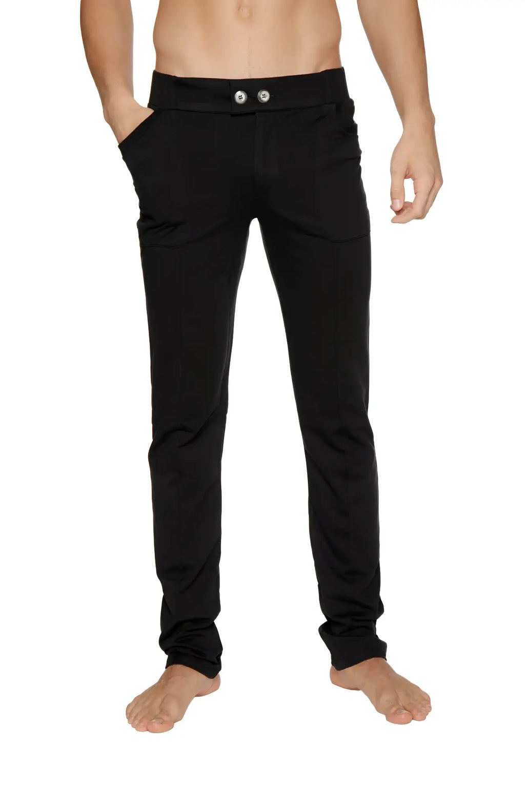 Black tactical urban at home dress yoga pants with slim fit and silver button closures at the waist