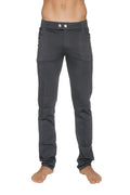 Dark gray tactical urban at home slim-fit yoga pants with soft stretchy fabric and silver buttons at the waistband