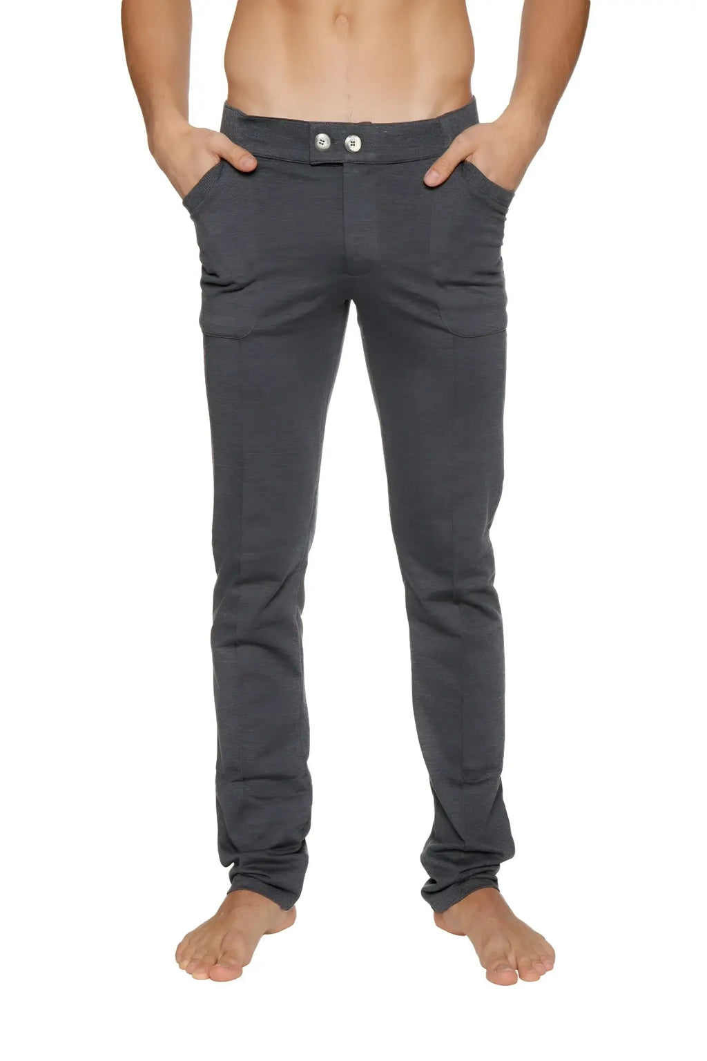 Dark gray slim-fit tactical urban at home dress pant yoga pant with soft fabric and two white buttons at waistband