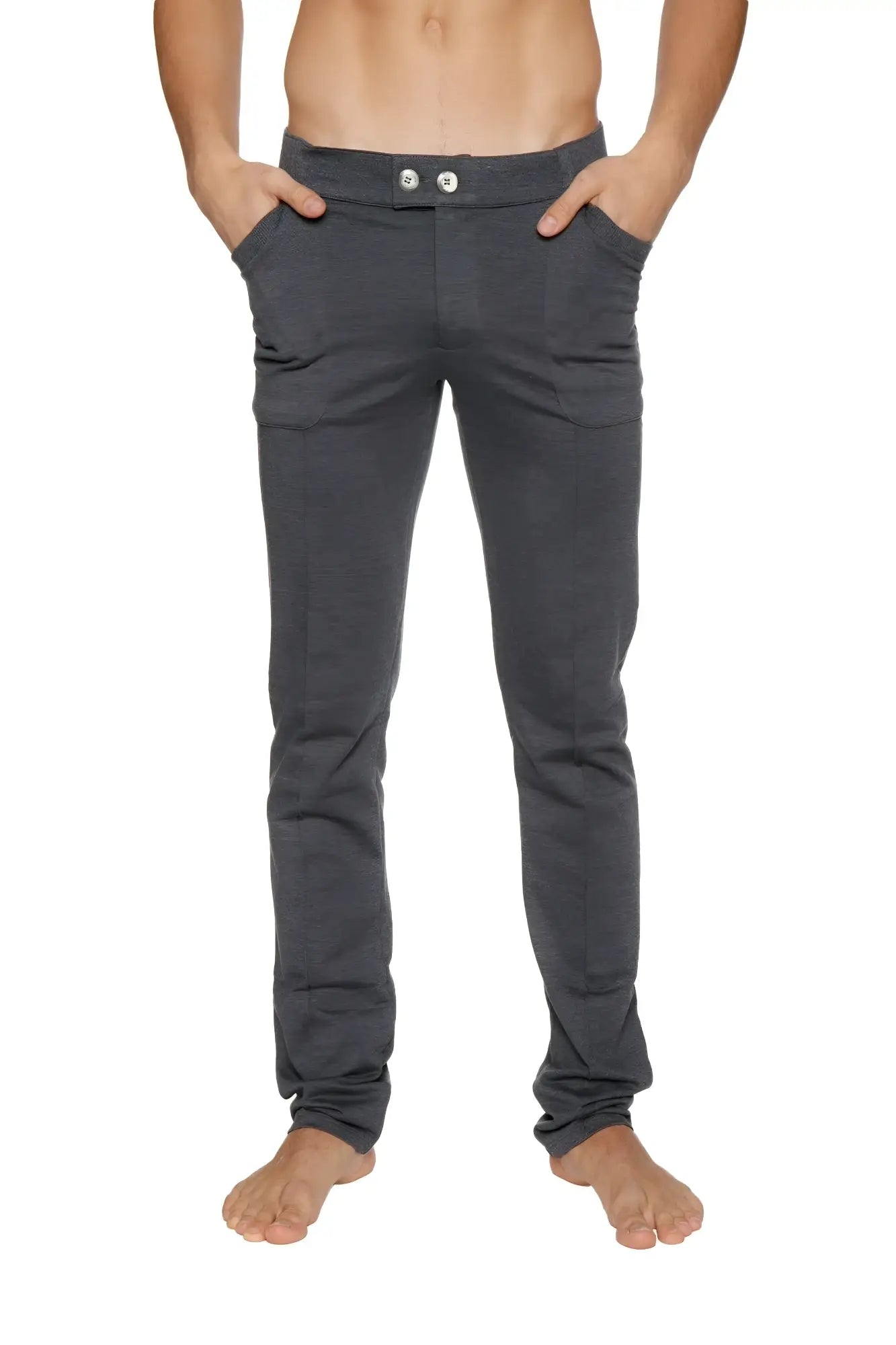 Dark gray slim-fit tactical urban at home dress pant yoga pant with soft fabric and two white buttons at waistband