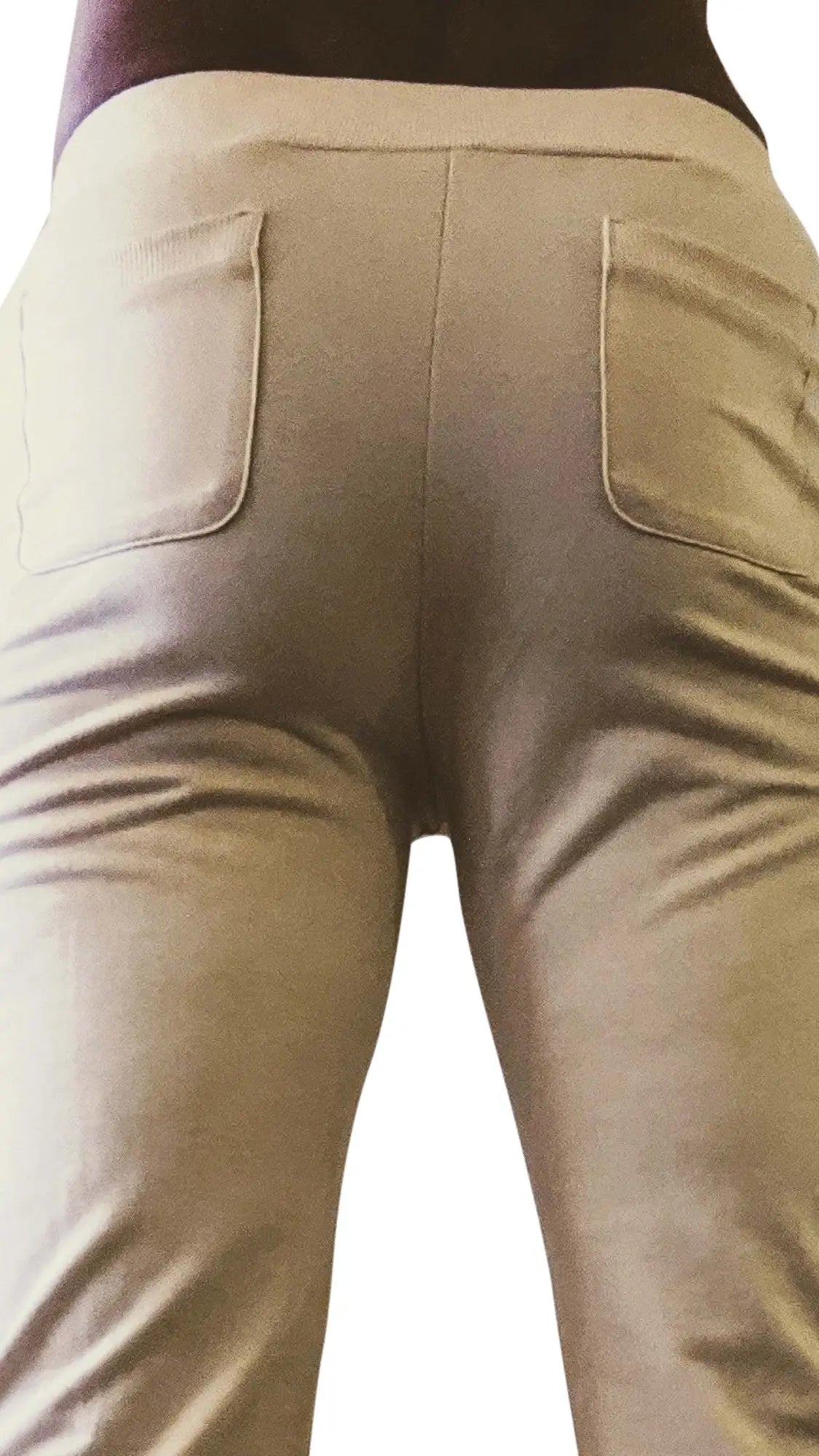 Beige tactical urban at home dress pant yoga pant back view showing stretchy fabric with two back pockets and fitted waistband