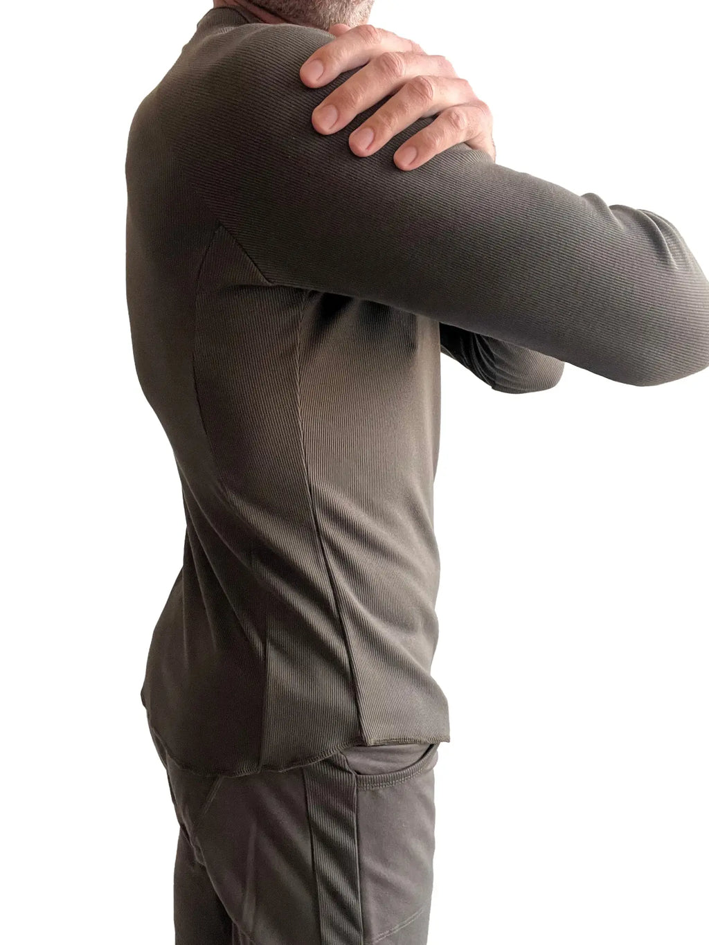 A dark olive green ribbed thermal v-neck long sleeve shirt with a fitted athletic cut