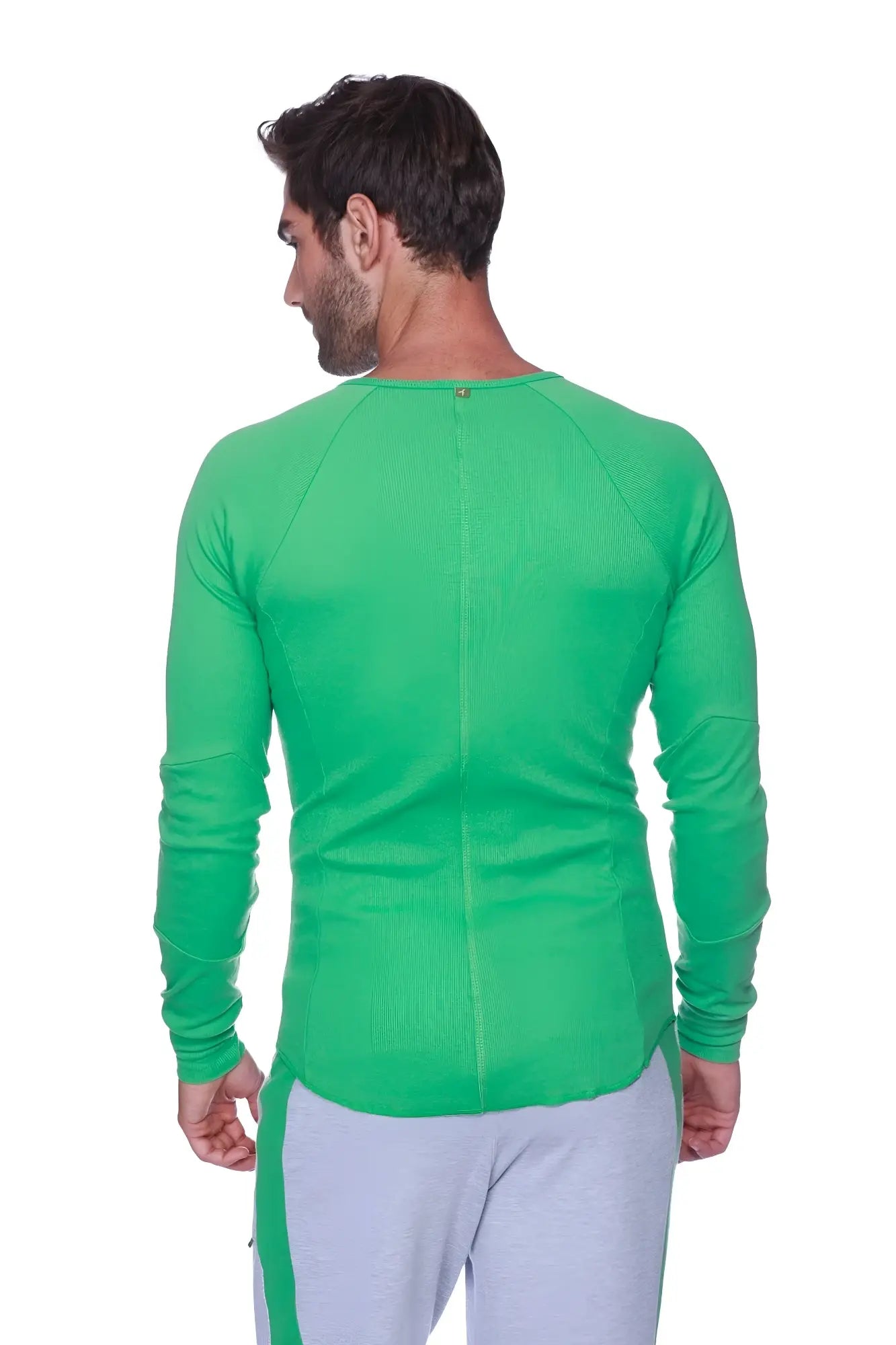 Bright green bamboo thermal v neck long sleeve shirt with ribbed texture and raglan sleeves for athletic wear