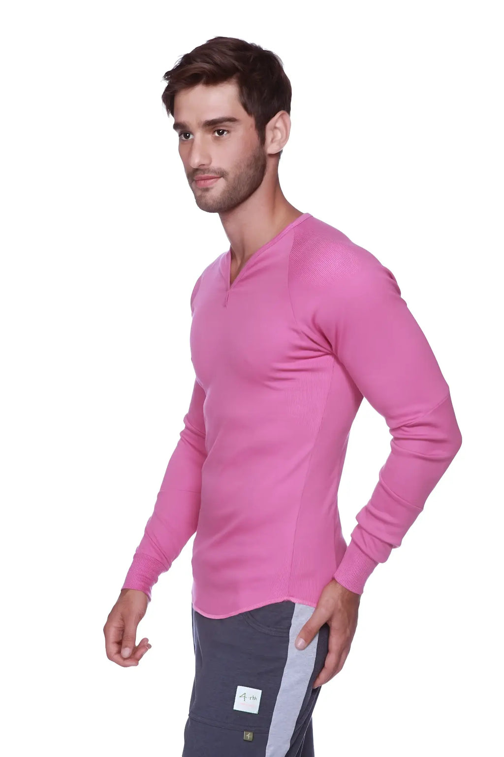 A vibrant berry pink thermal v-neck long sleeve shirt in soft stretchy fabric with subtle ribbed texture