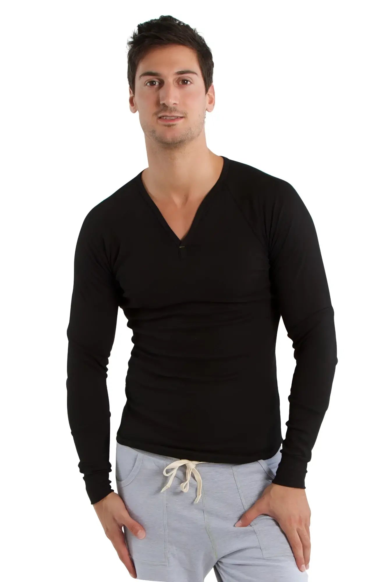 Black thermal v-neck long sleeve shirt with fitted silhouette and subtle ribbed texture for layering or warmth