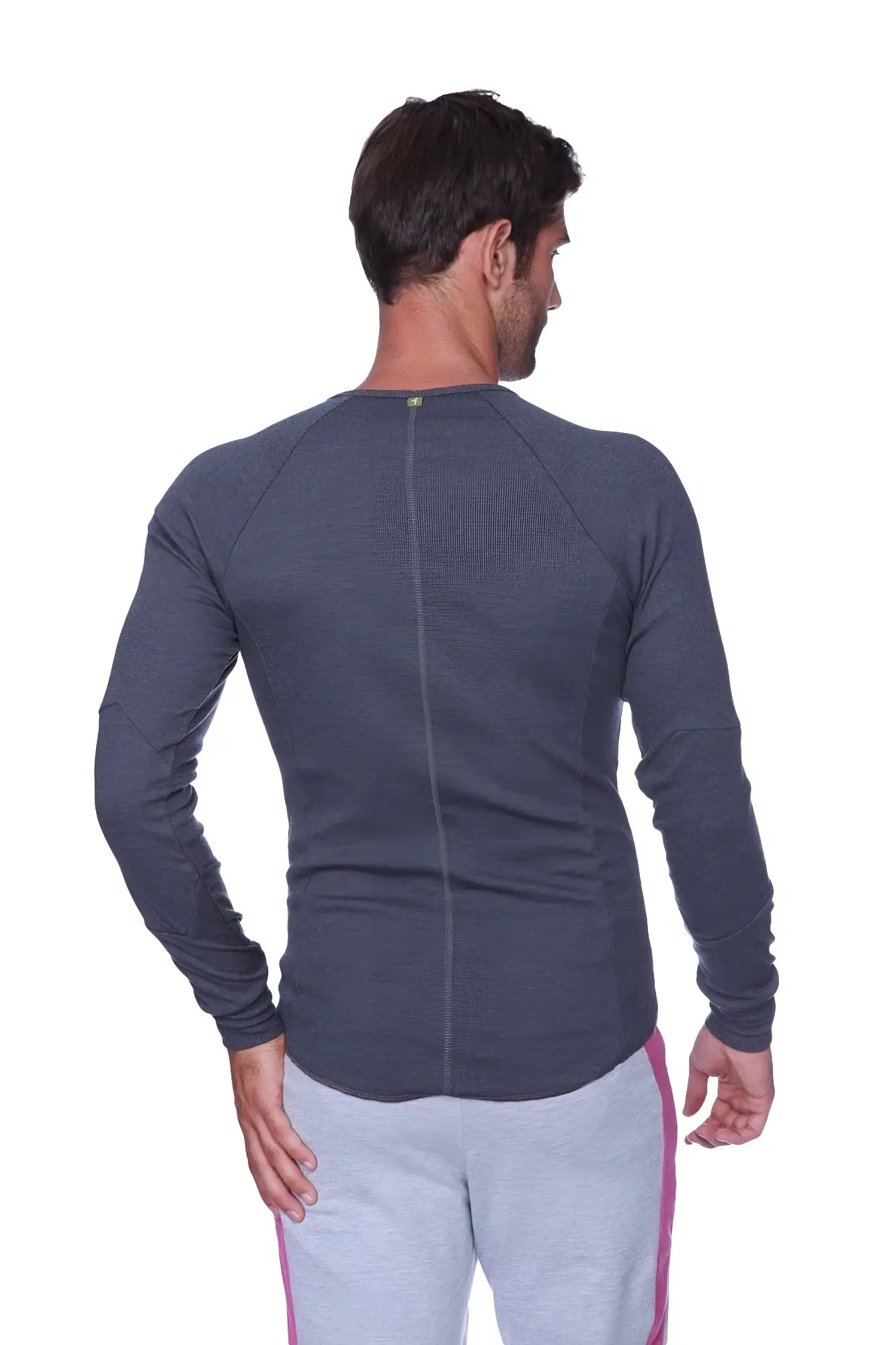 Dark gray heathered thermal v neck long sleeve shirt with subtle textured fabric and central back seam shown from the back