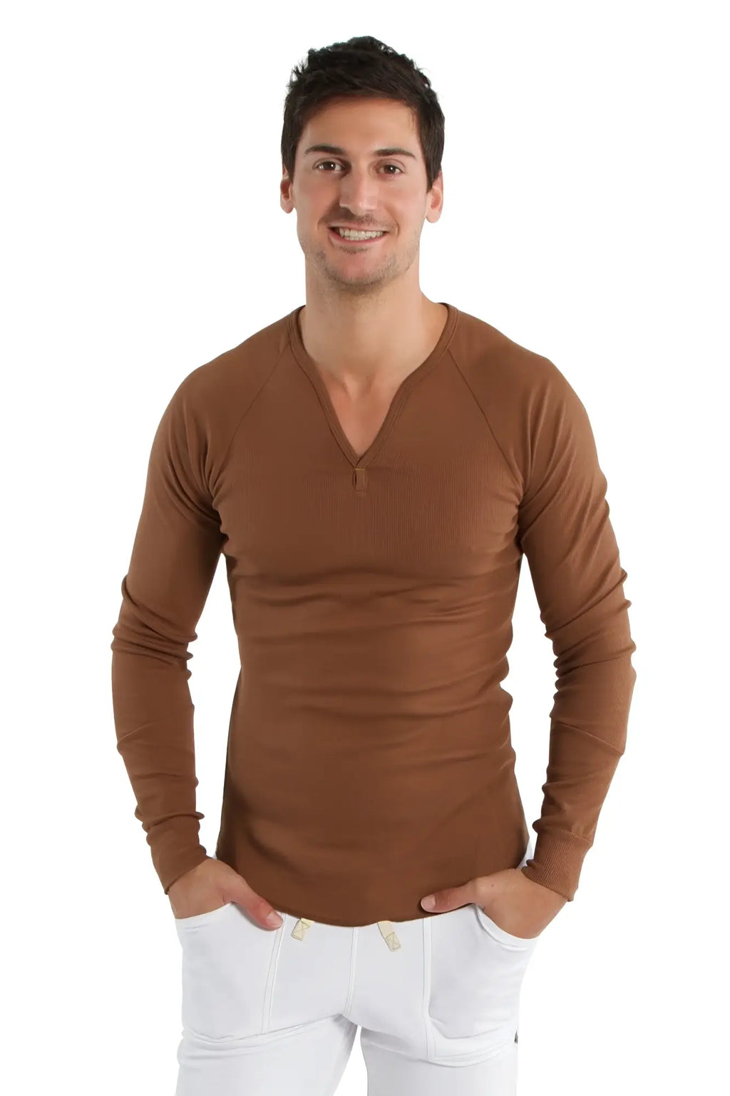 A slim-fitting thermal v-neck long sleeve shirt in chocolate brown with a subtle ribbed texture