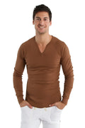 A slim-fitting thermal v-neck long sleeve shirt in chocolate brown with a subtle ribbed texture