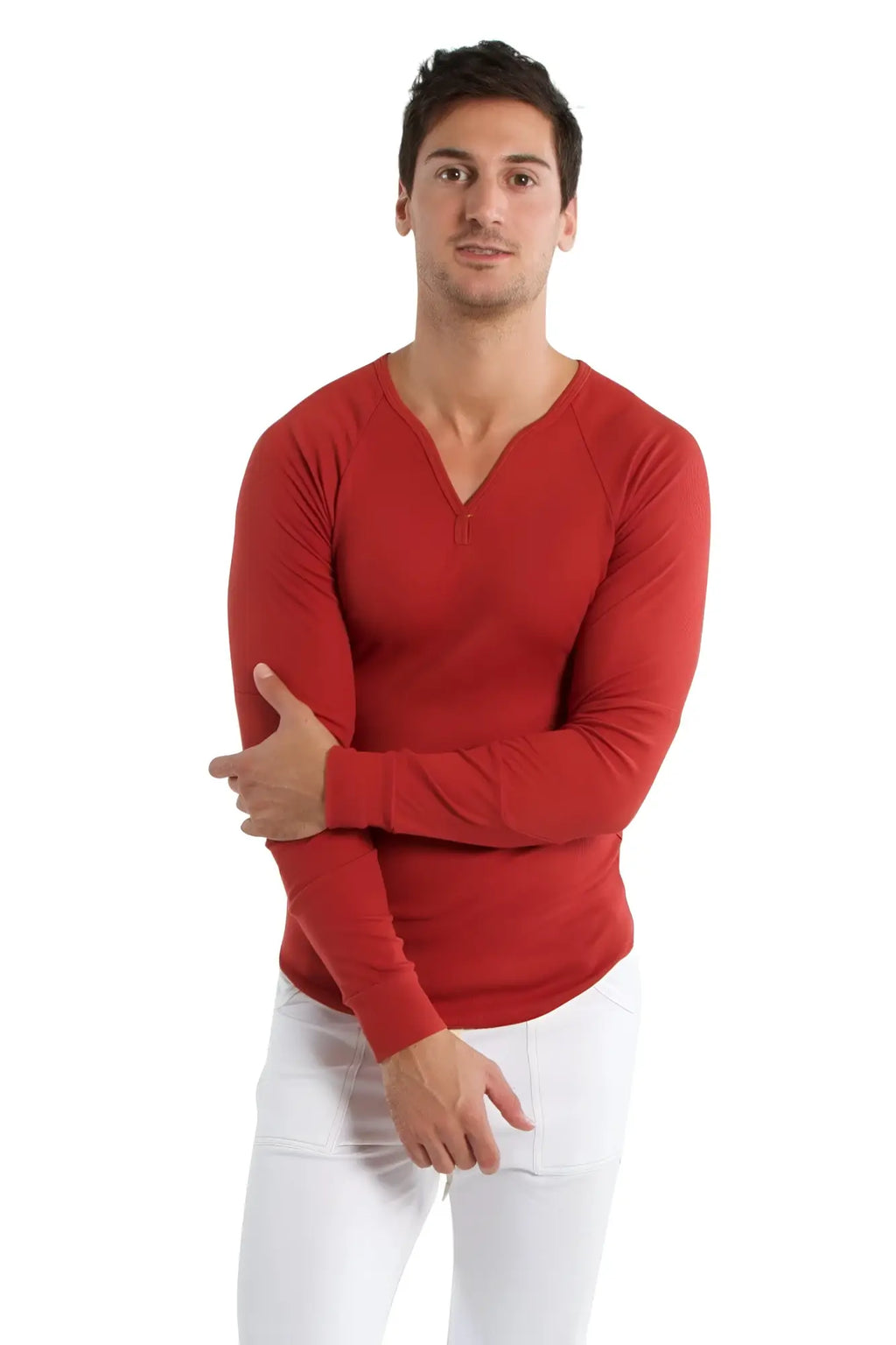 Red thermal v-neck long sleeve shirt with fitted silhouette in cinnabar color for layering and warmth
