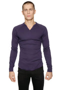 A sleek eggplant thermal v-neck long sleeve shirt with zipper detail at the neckline for warmth and style