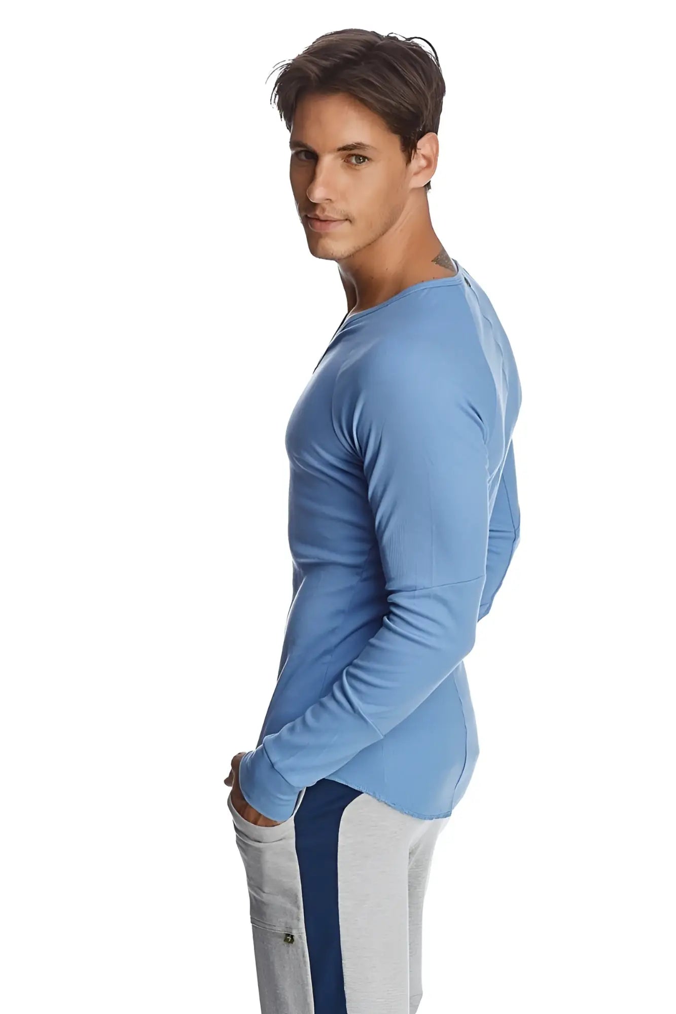A light blue ribbed knit shirt with long sleeves and a rounded neckline called thermal v-neck long sleeve ice blue