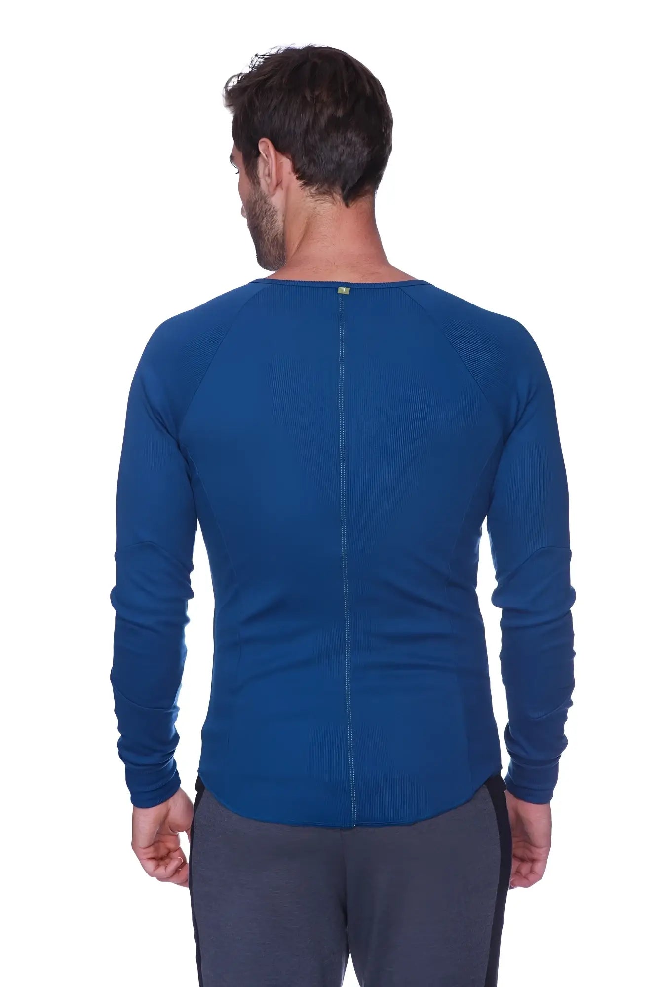 Thermal v-neck long sleeve royal blue athletic shirt with ribbed neckline and back zipper visible from the back side