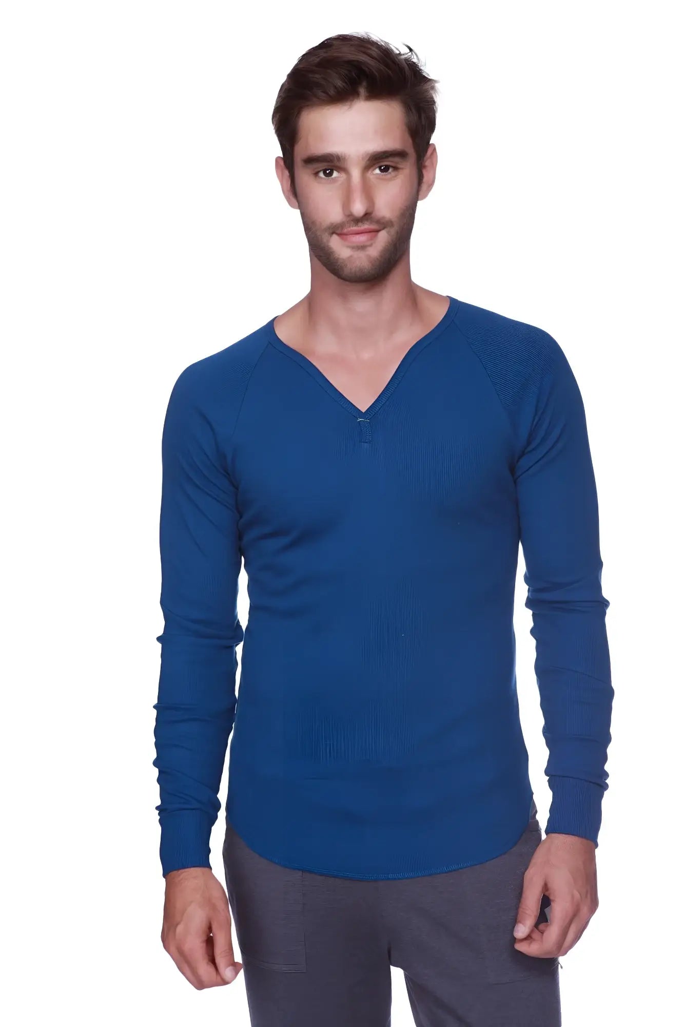 A men’s thermal v-neck long sleeve shirt in solid royal blue made from soft knit fabric