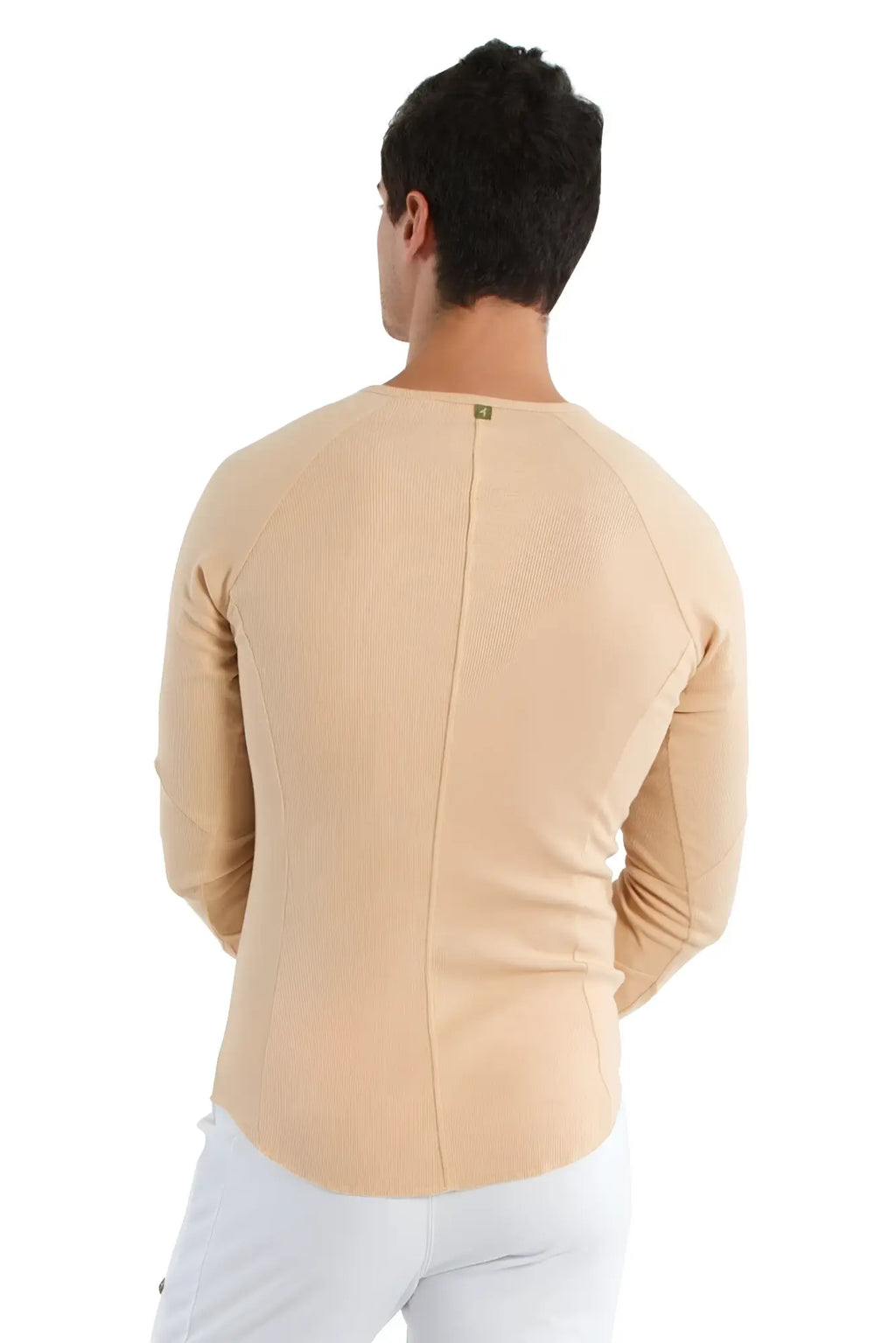 Beige thermal v-neck long sleeve shirt with ribbed texture and central seam shown from the back side