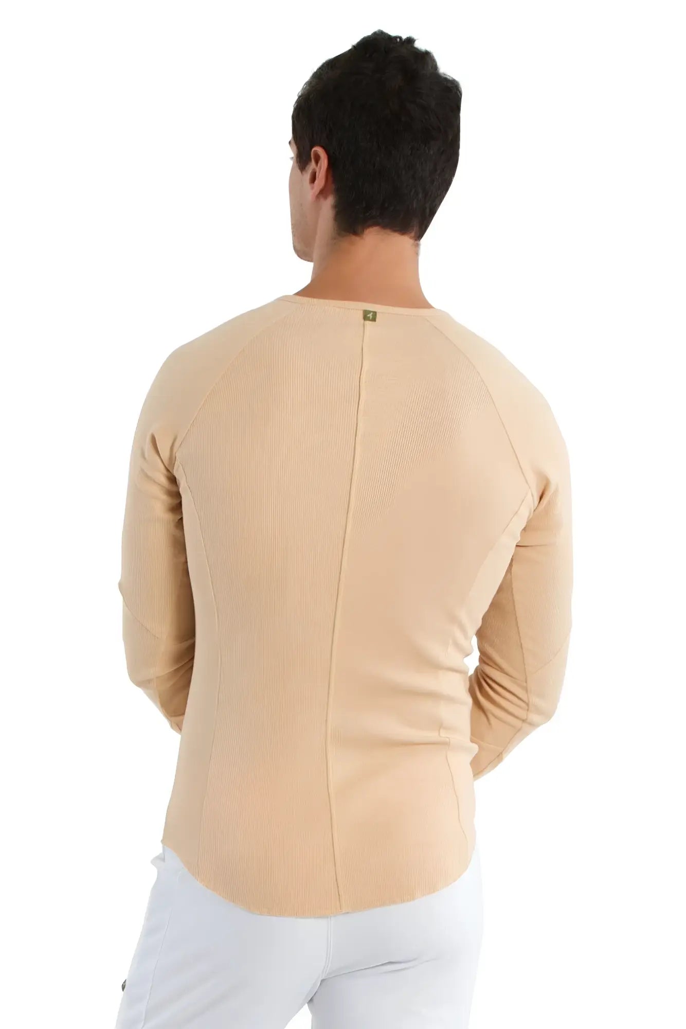 Beige thermal v-neck long sleeve shirt with ribbed texture and central seam shown from the back side