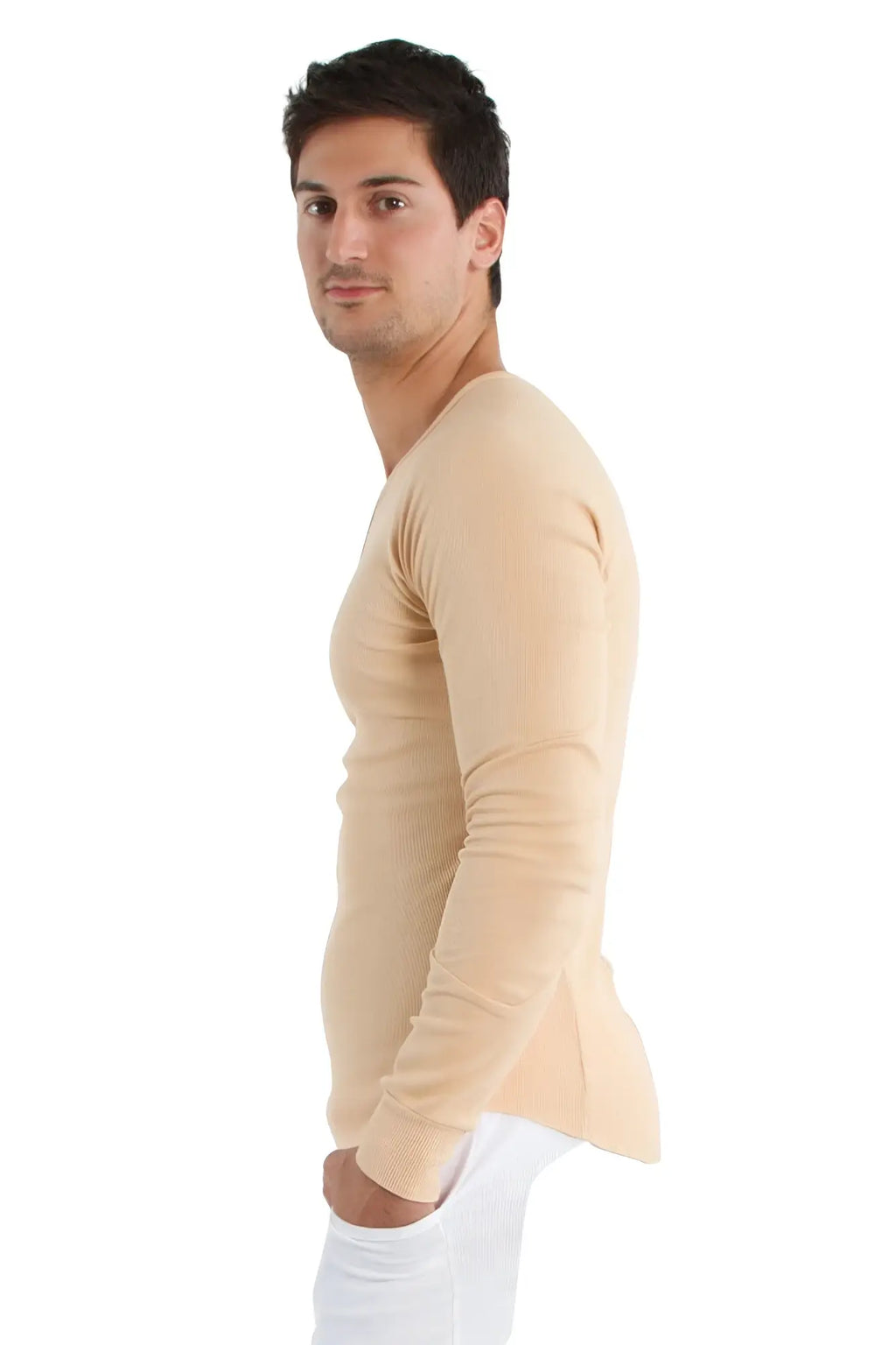 Beige thermal v neck long sleeve shirt with fitted tapered silhouette for layered casual wear