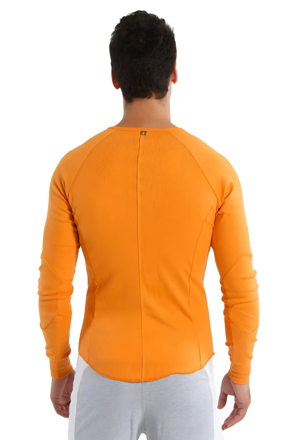 Thermal v-neck long sleeve sun orange athletic shirt with ribbed back panel and raglan sleeves shown from back side