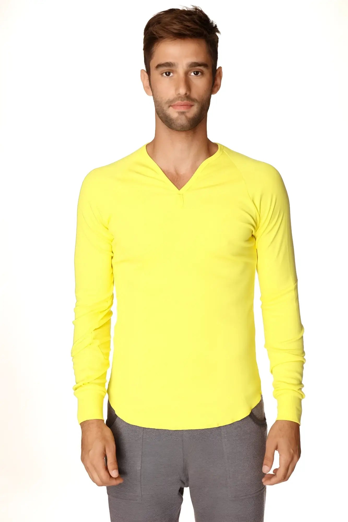 Bright yellow thermal v-neck long sleeve shirt made of warm material ideal for cold weather layering